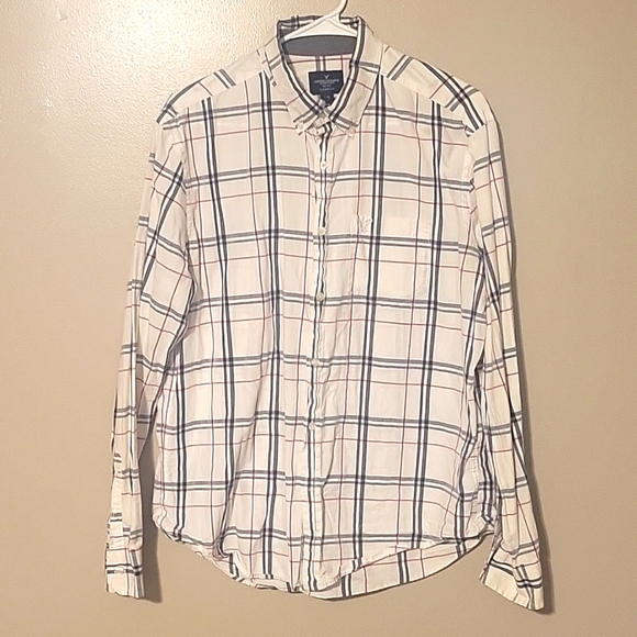 American Eagle Outfitters‎ Button Down Longsleeve Shirt White Blue Red Mens Sz L - Picture 1 of 3